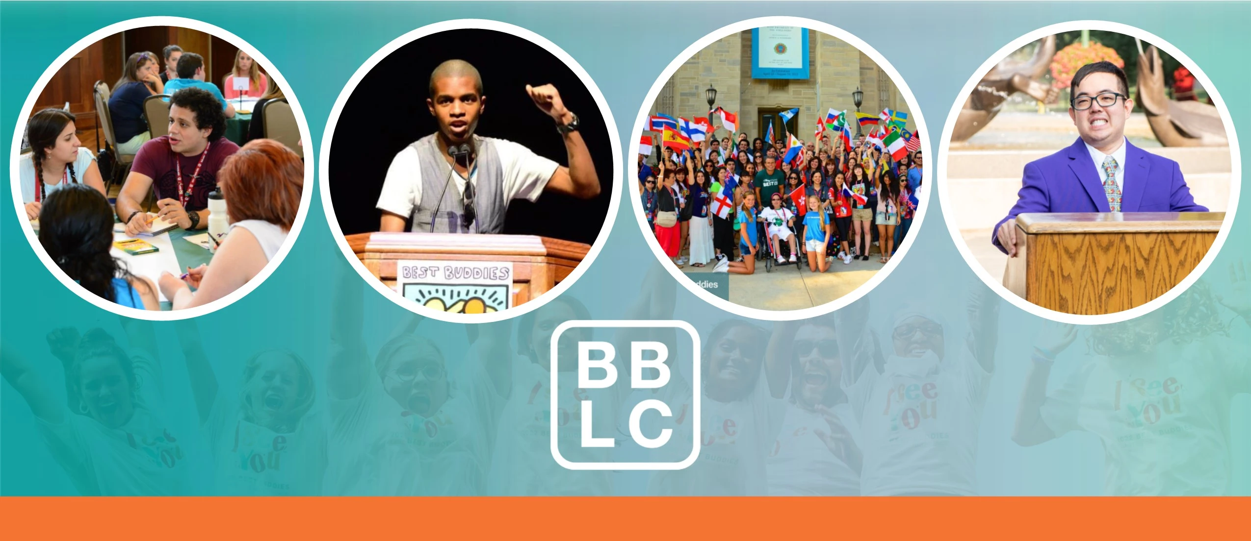 Four images in circular frames representing Best Buddies Leadership Conference moments: a group discussion, a speaker at a podium, a diverse crowd waving flags, and a speaker in a suit at an outdoor podium.