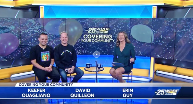 Interview on WPBF 25 News covering the Best Buddies Champion of the Year celebration, featuring Keefer Quagliano and David Quilleon, alongside host Erin Guy.