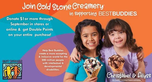 Cold Stone flyer featuring two best buddies participants enjoying some ice cream