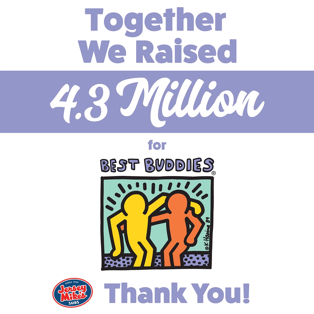 Graphic with text that says, 'Together We Raised 4.3 Million for Best Buddies.' Below the text is an illustrated Best Buddies logo with two stylized figures in yellow and orange embracing each other. The Jersey Mike’s Subs logo is in the lower left corner, and 'Thank You!' is at the bottom of the image.