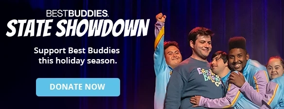 Best Buddies State Showdown banner featuring a group of smiling individuals embracing, with text reading 'Support Best Buddies this holiday season' and a 'Donate Now' button.