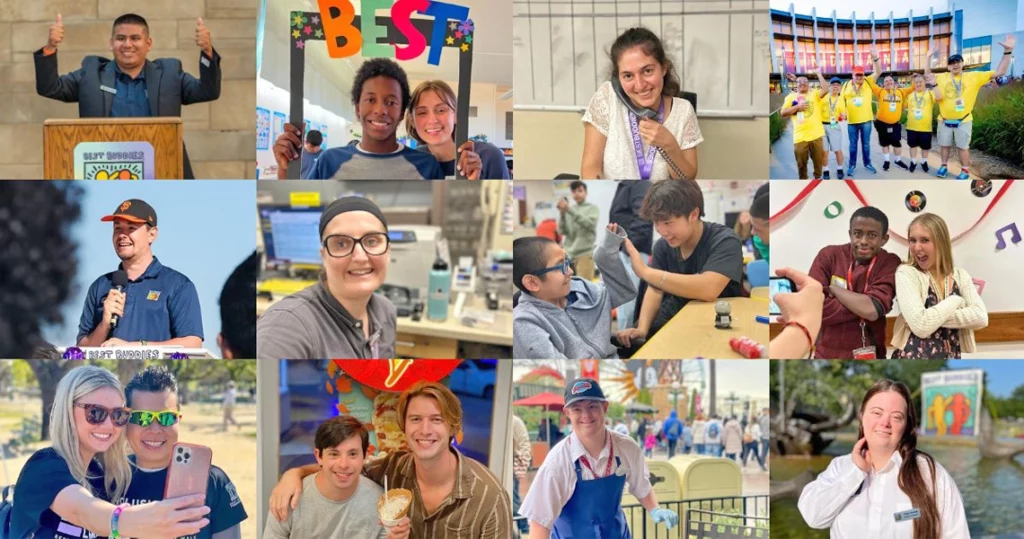 A collage of twelve images showcasing various moments and participants from Best Buddies California in 2024. The images depict individuals of diverse backgrounds engaging in activities such as public speaking, celebrating friendships, working in professional settings, participating in sports, and enjoying social gatherings. The photos highlight joy, inclusion, and community engagement.