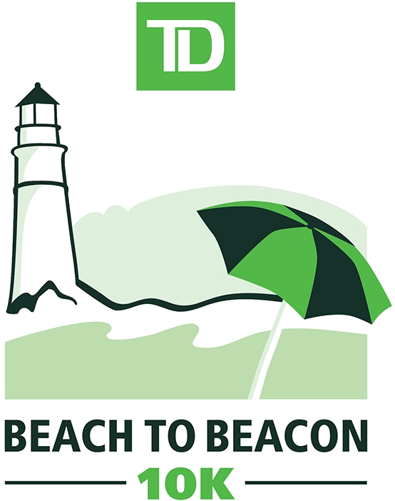 Logo of the TD Beach to Beacon 10K race featuring a lighthouse, a green and black beach umbrella, and the TD Bank logo.