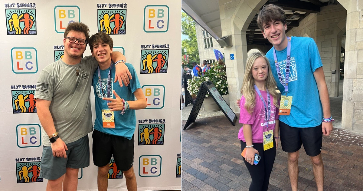 image 1: Two young men smiling at the camera in front of the Best Buddies logo. Image 2: A young woman and a young man standing together and smiling for a photo outside.